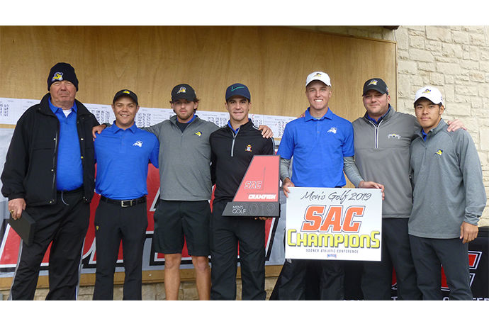 Photo of the members of the SAC-conference-championship-winning TXWES men's golf team.