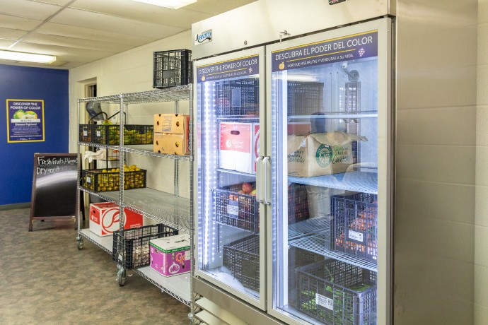 A new fridge in the food pantry is full of fresh produce
