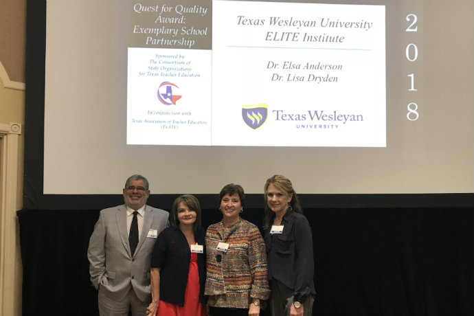 Photo of Dean Carlos Martinez, Lisa Dryden, Elsa Anderson and Alice Puente during the Quest for Quality Award presentation.