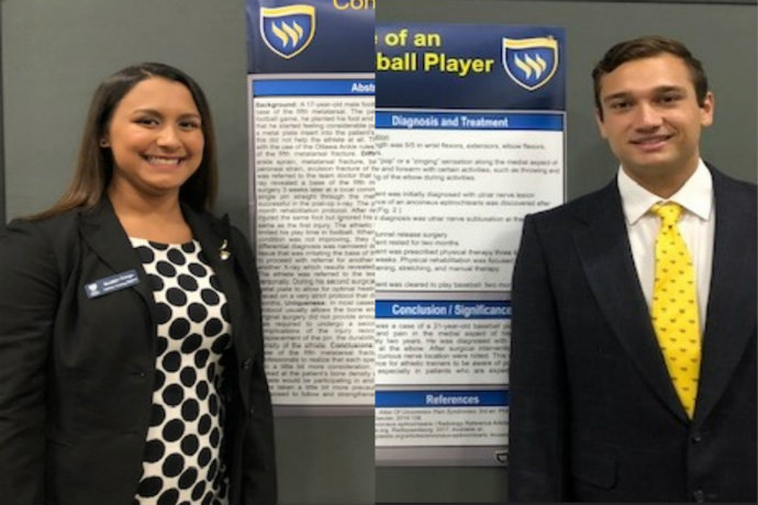 Photo of Texas Wesleyan athletic training students Breanne Zuniga and Julio Ibarra present their findings at the Southwest Athletic Trainers' Association Annual Meeting.
