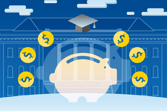 Graphic of a white piggy bank with yellow coins around it on top of a blue background