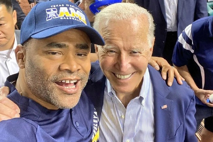Rep. Marc Veasey pictured with President Biden at the Congressional Baseball Game.