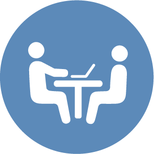 Graphic of two people speaking with laptop between them to represent an interview.