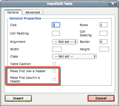 Screenshot of TerminalFour content management system pop-up window to create a table.