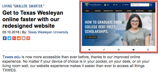 Screenshot of a news story on Texas Wesleyan's website