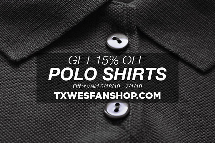 Photo showing a 15% off sale for polo shirts at txwesfanshop.com from June 18 - July 1, 2019.