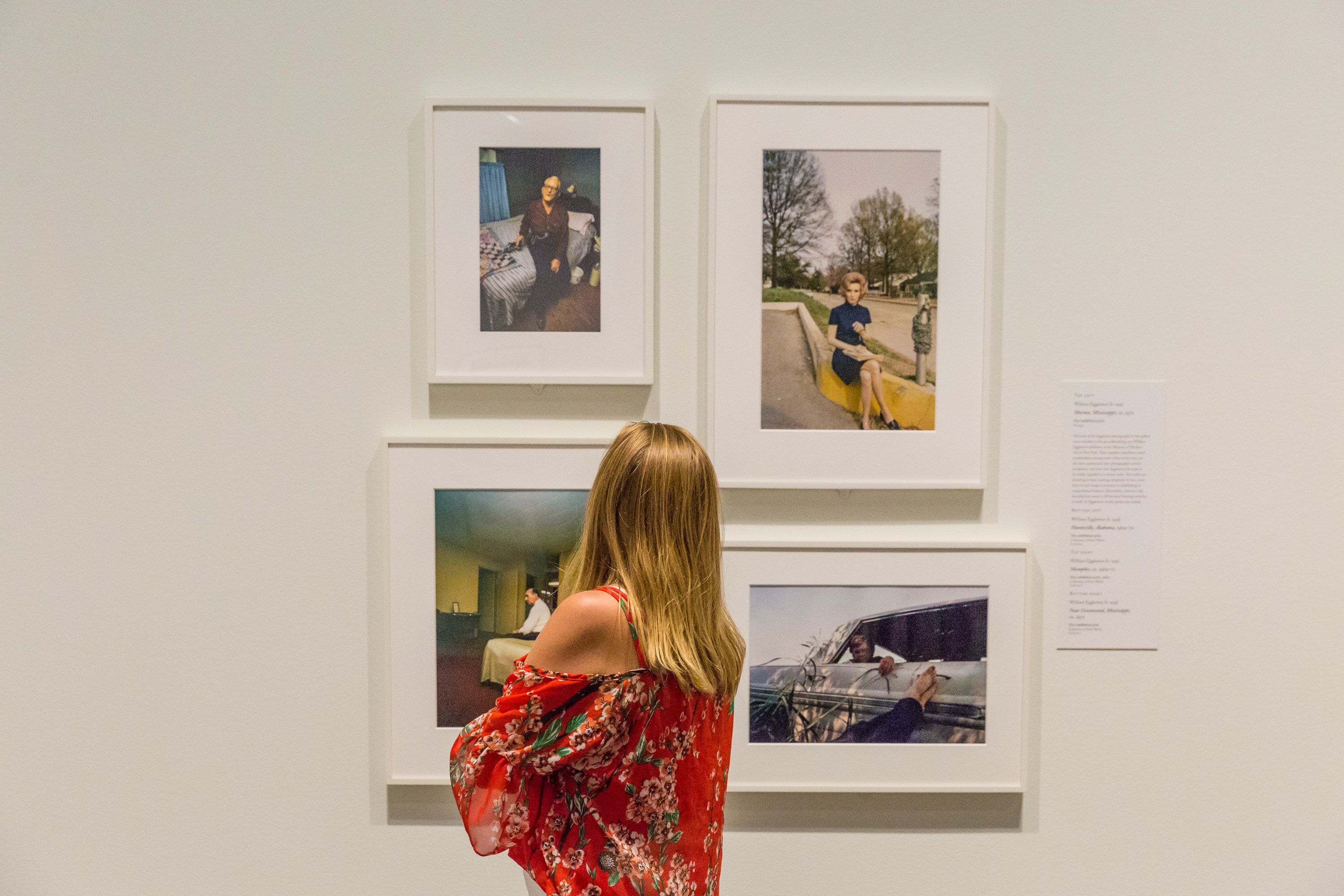 Woman looking at four photo art pieces in a museum