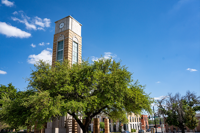 The Texas Wesleyan Clock Tower and a tree