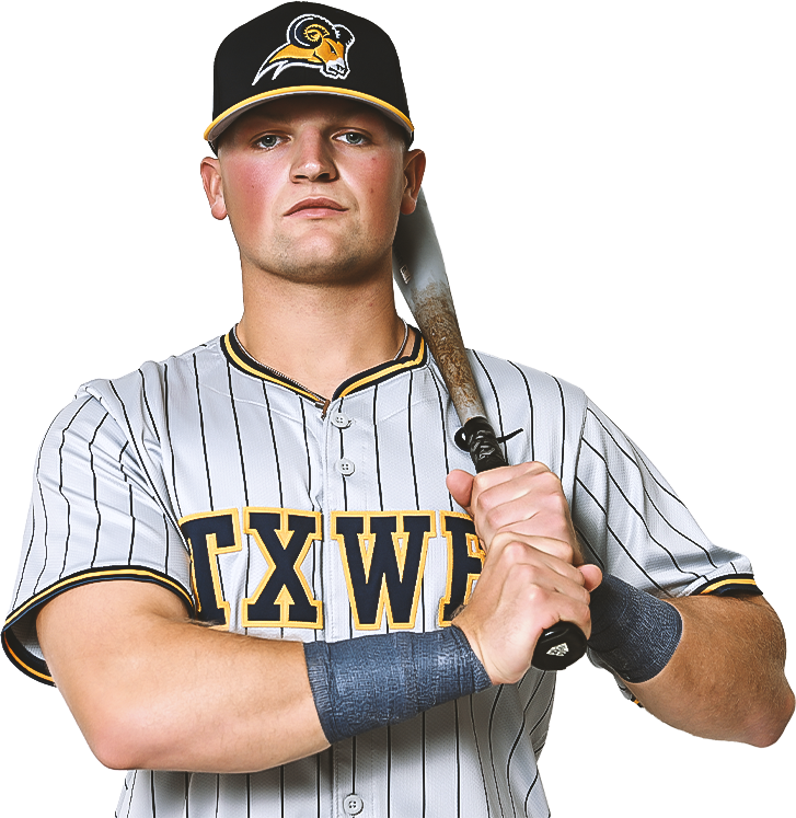 Austin Hubbell In baseball uniform resting a bat against his shoulder