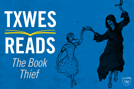 Book thief logo girl dancing with death