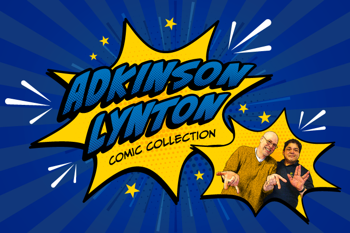 Comic themed photo of Dr. Adkinson and Lynton