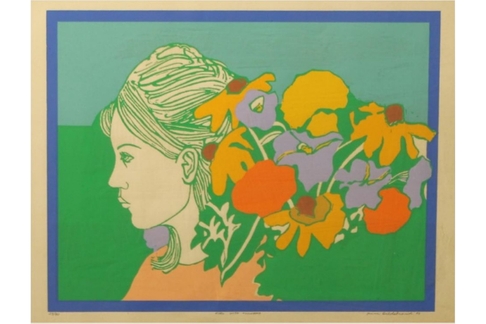 silkscreen image of a girl's profile with a bouquet of orange, yellow, and purple  wildflowers behind her head