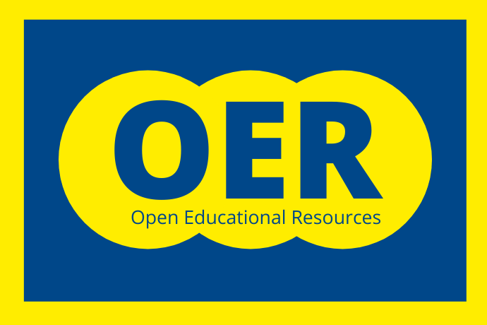 Blue text OER Open Educational Resources on a yellow and blue background