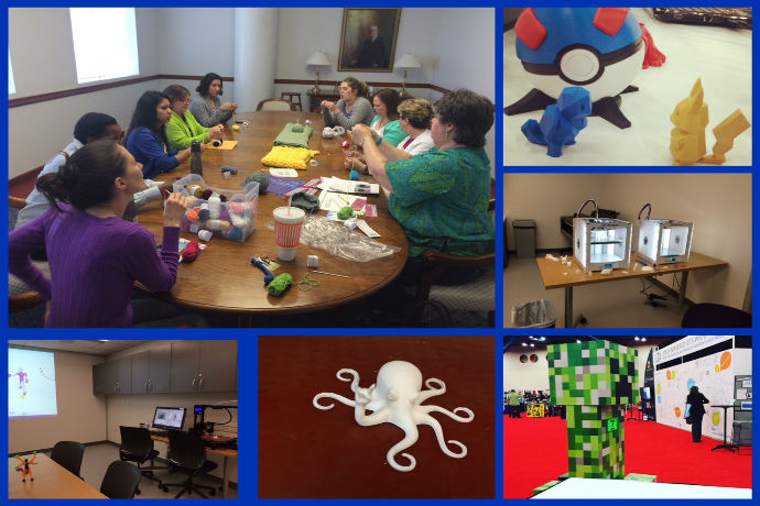Collage of Maker space images 3D Printers, library making event, and 3d printed example items