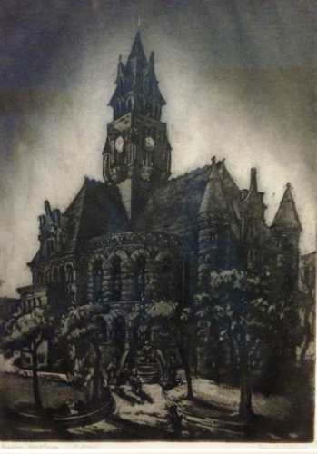 Artist:  Blanche McVeigh
Date:
Signed: 'Decatur Courthouse' '50 prints' 'Blanche McVeigh'
Dimensions: Image Size:
Frame Size:
Type: print
Medium: aquatint
Location: Oneal Sells Administration Building, President's Conference Room
About the artist
