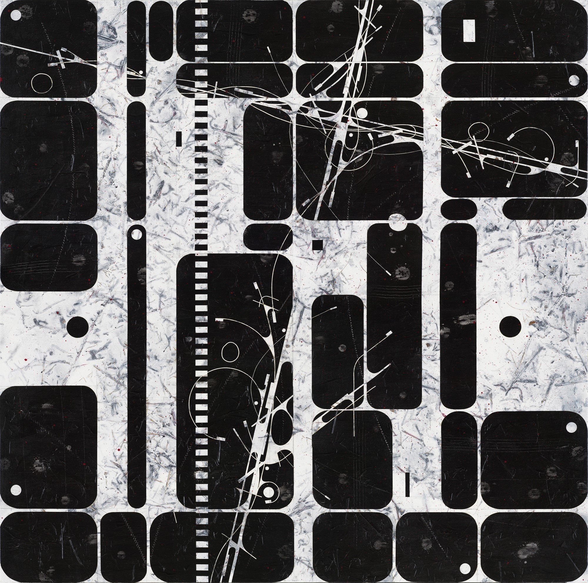 A large format black and white painting. It combines a gray textured background with bold black rectangles on top. Layered on diagonally from bottom to top are lyrical, almost vine-like lines 