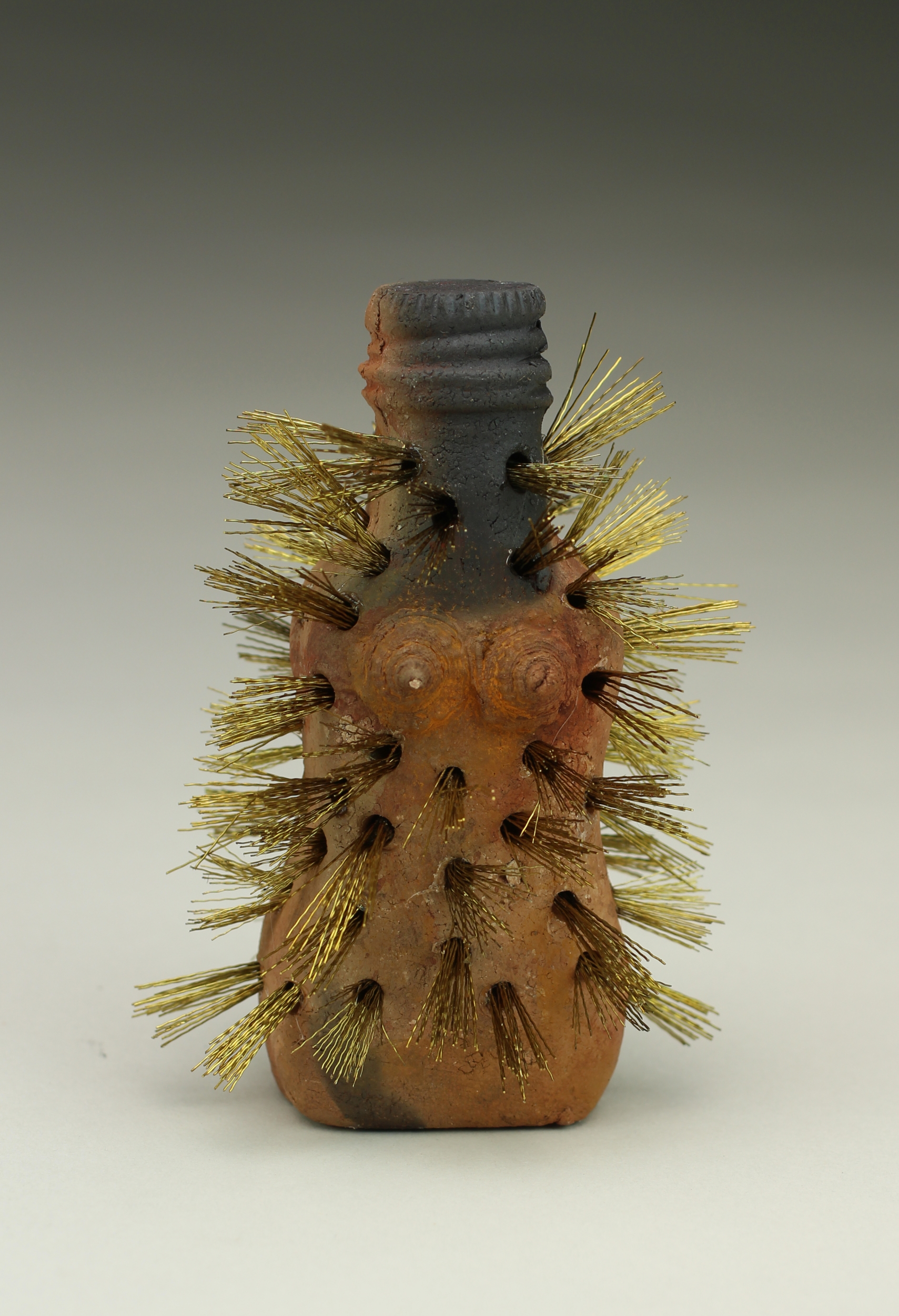 A ceramic bottle with metallic hair-like protrusions coming out from the inside.  