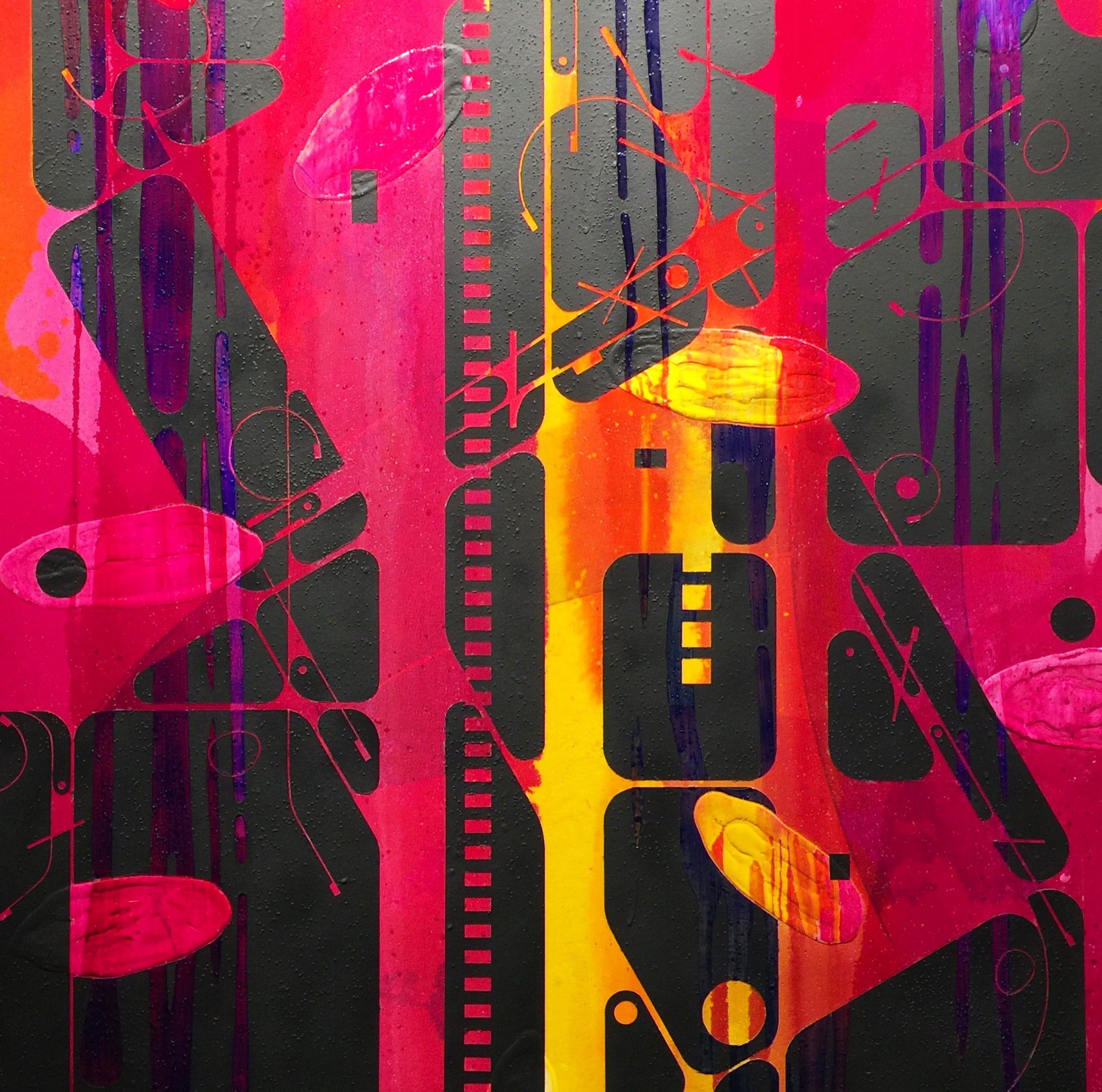 A large abstract painting with bold colors of black, hot pink, and yellow. The painting is accented by the broad yellow vertical line in the middle of the painting. 