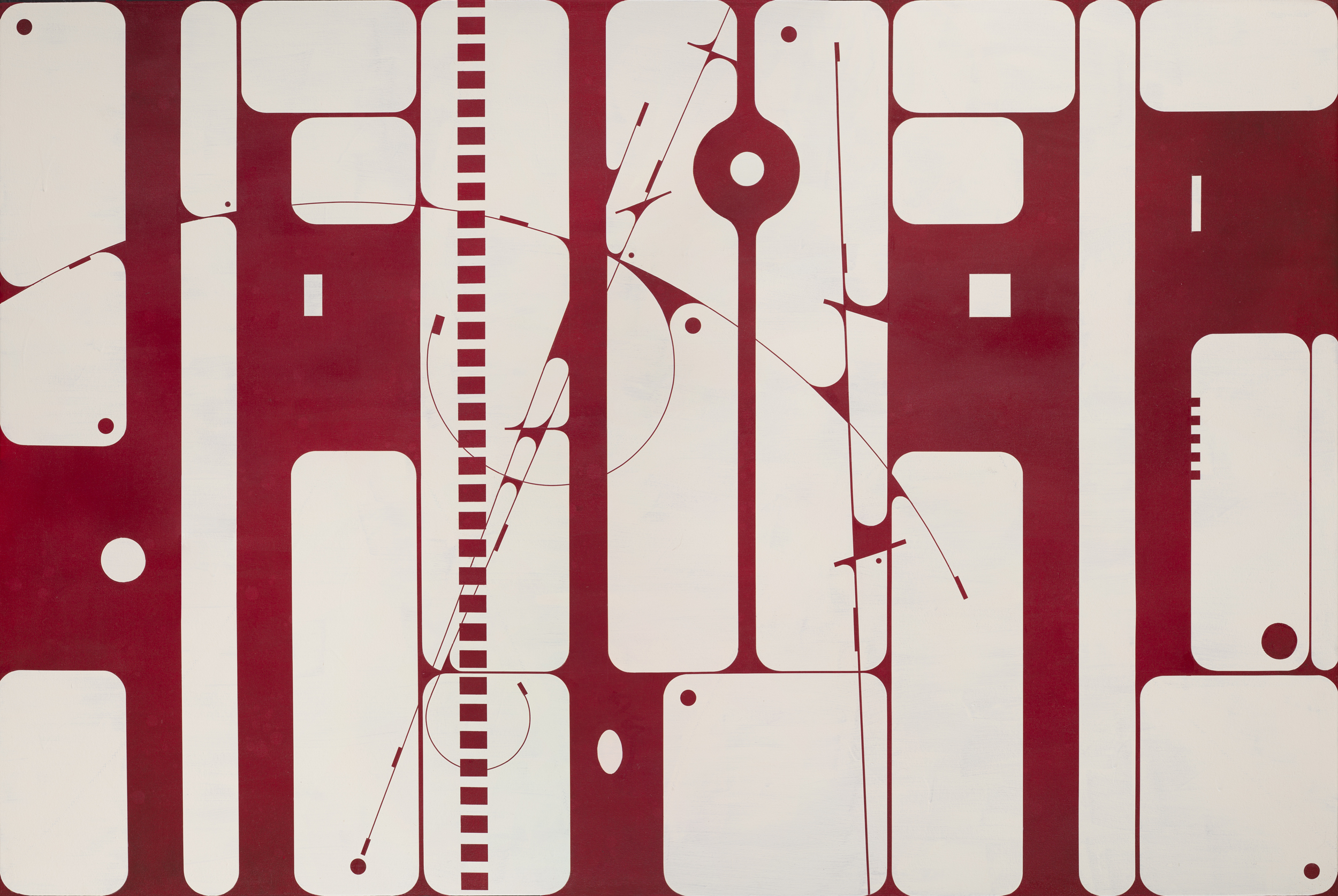 A large format abstract painting.  It has an off-white background with large dark red almost machine-like shapes combined with more organic lyrical vine-like lines. 