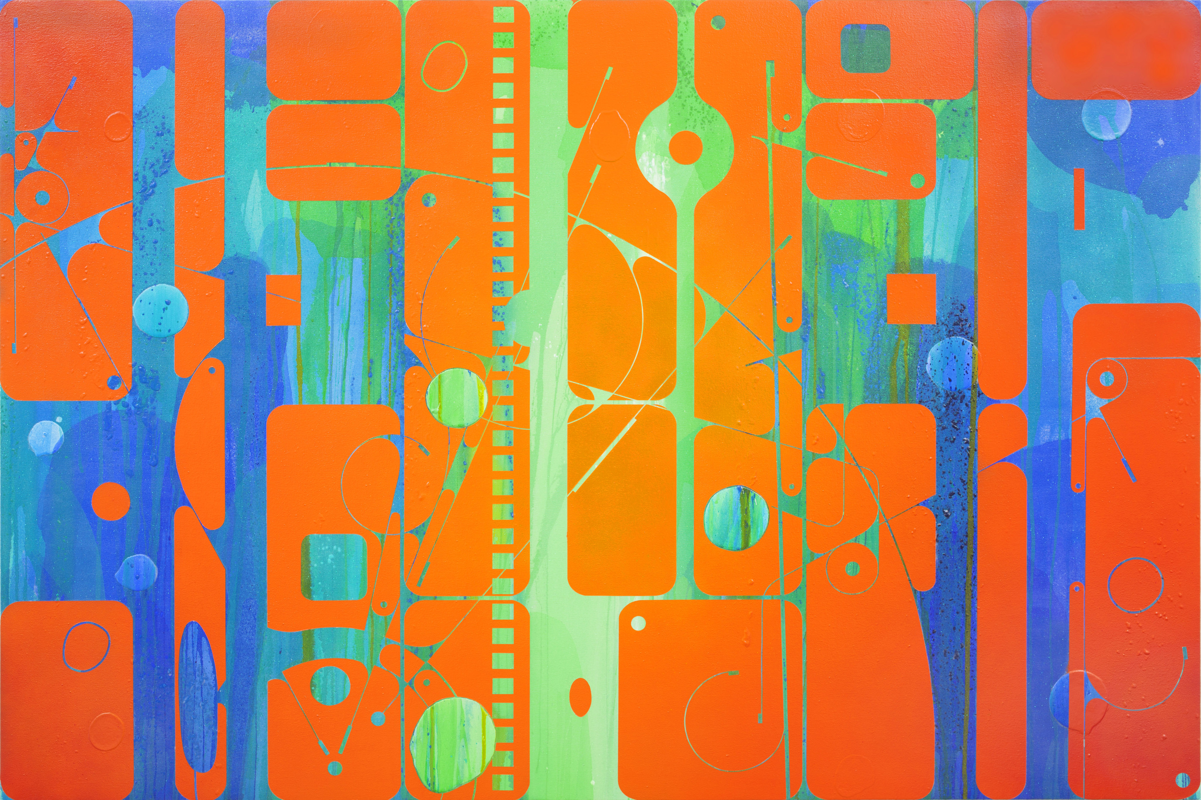 Large abstract painting with a bright orange background. Layered on top of the background are bright blue and green horizontal lines