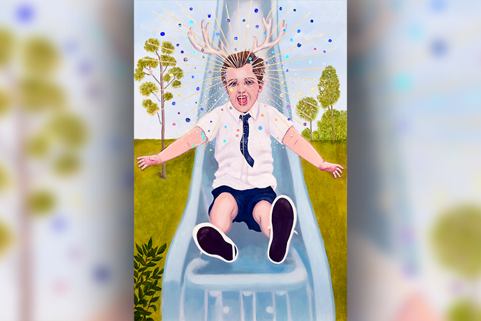A painting of a child with antlers sliding down a blue slide surrounded with confetti in the air