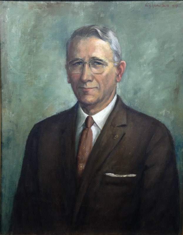 
Dr. Walter Glick, Dean of the College, 1938;

Artist: Emily Guthrie Smith;
Date: 1959;
Signed: ‘Emily Guthrie Smith 1959’ top right;
Dimensions: Image Size: 21 1/2″ x 35″;
Frame Size: 29″ x 35″
Type: Painting;
Medium:  oil on canvas;
Location:  Eunice and James L. West Library, second floor