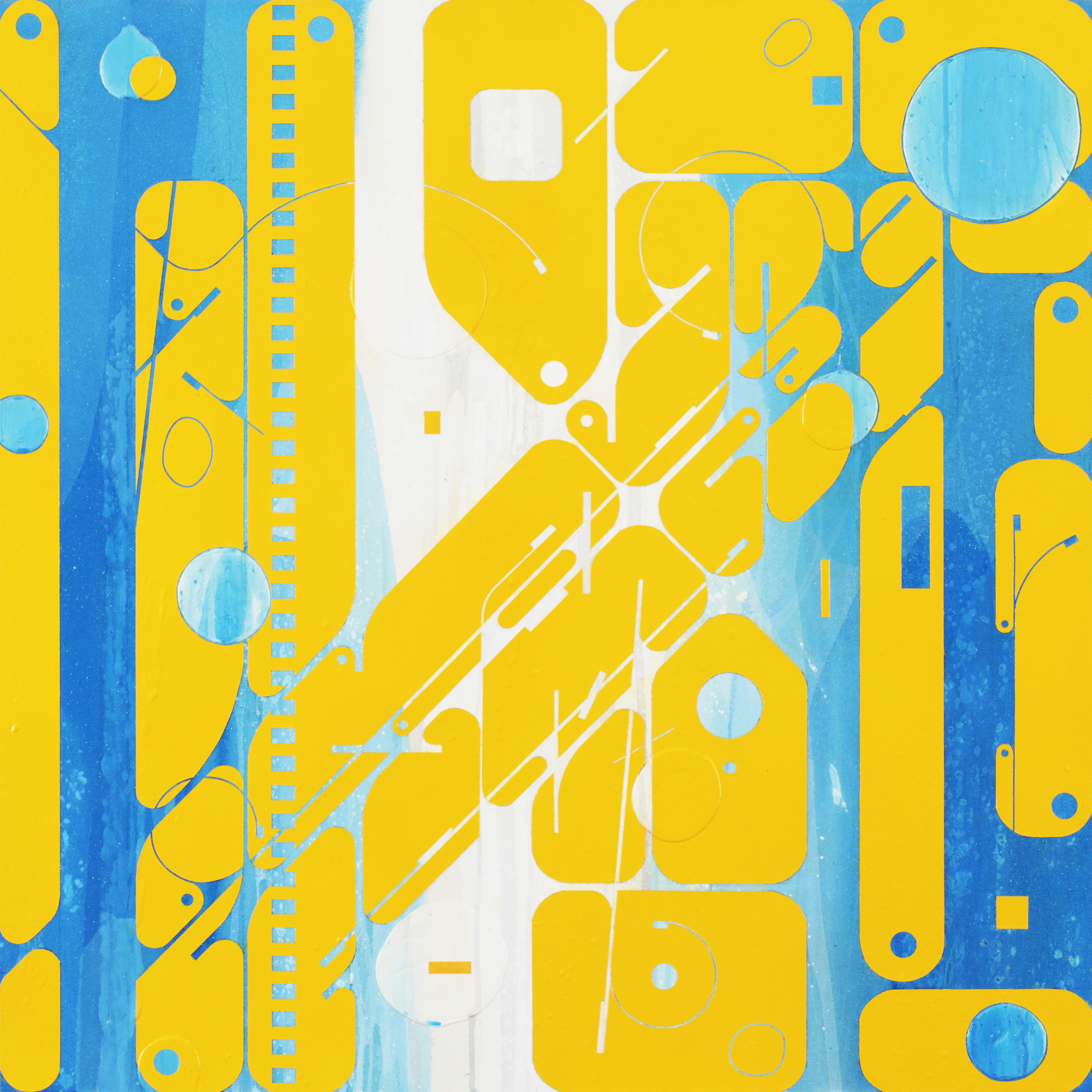 Large format abstract painting. Yellow background with blue and white abstract imagery on top. Imagery almost looks mechanical. 