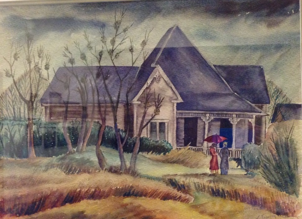 Untitled (home in landscape)
Artist:  Kelly Fearing
Date: c. 1947
Signed: 'Kelly Fearing'
Dimensions: Image Size:
Frame Size:
Type: painting
Medium: watercolor
Location: Oneal Sells Administration Building, President's Conference Room
Texas Wesleyan College, Assistant Professor of Art, 1945 - 1948
