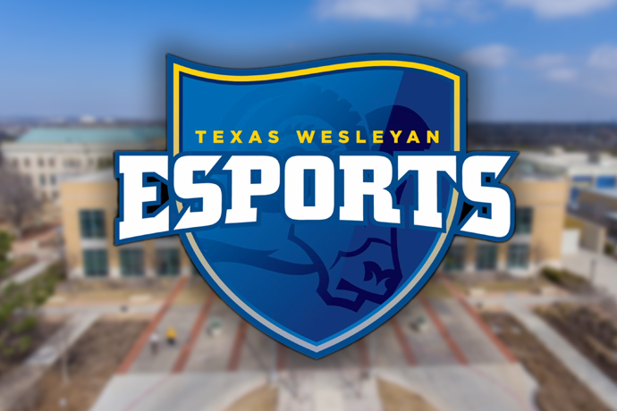 The logo for Texas Wesleyan Esports over a blurred photo of the Martin Center on the campus of Texas Wesleyan University