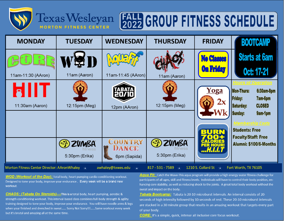 The schedule for the Morton Fitness Center Group Classes. Schedule is also listed below under 