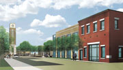 Artist rendering of the business incubator center and clock tower